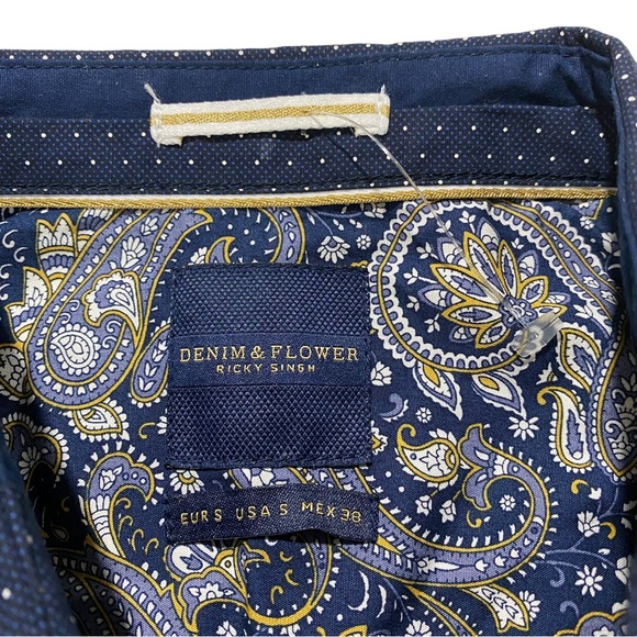 Denim & Flower Men Navy White Dots All Over Button-Front Shirt Sz Sm Poplin NWT - Picture 3 of 11